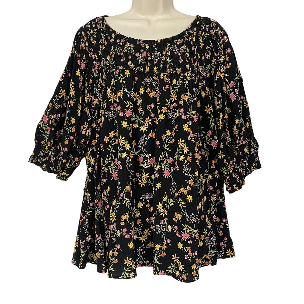 Terra & Sky Tunic Top Womens 3X Black Dark Floral Smocked Peasant Boho Romantic